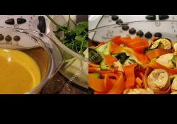 Sopa de verduras, pollo y tallarines de verduras thermomix