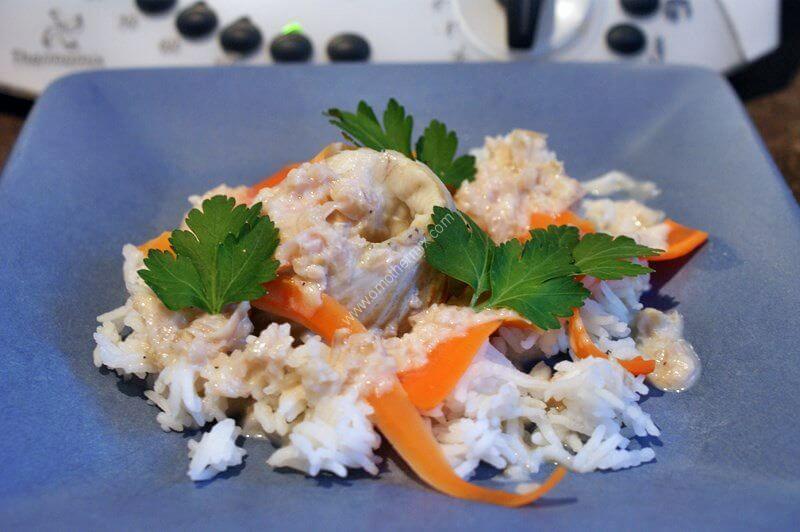 Image grande un cabillaud au cidre avec son riz et des tagliatelles de carotte thermomix