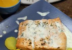 Soupe potiron, pavé de saumon sauce estragon et pomme de terre vapeur magimix