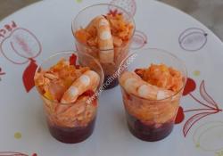 Verrines coulis de betterave avec son saumon fumé et crevette thermomix